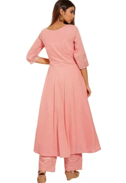 Embroidered Cotton A Line Suit in Baby Pink