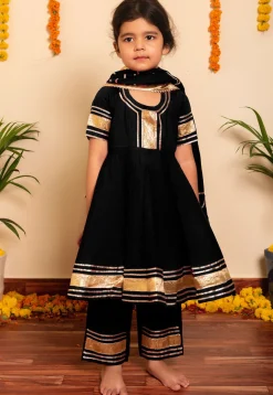Embroidered Cotton A Line Suit in Black