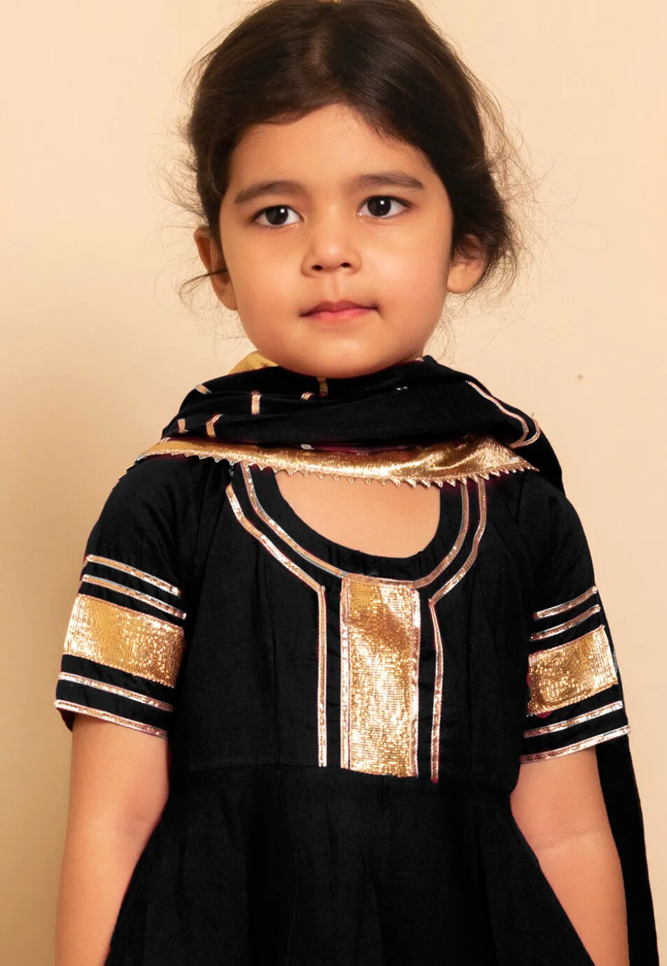 Embroidered Cotton A Line Suit in Black