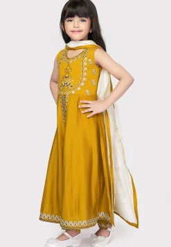 Embroidered Cotton Abaya Style Suit in Mustard