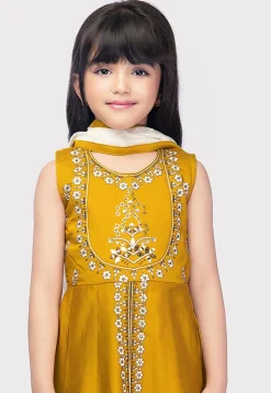 Embroidered Cotton Abaya Style Suit in Mustard