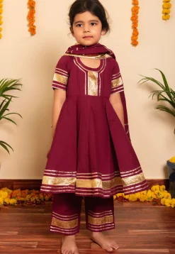 Embroidered Cotton Anarkali Suit in Wine
