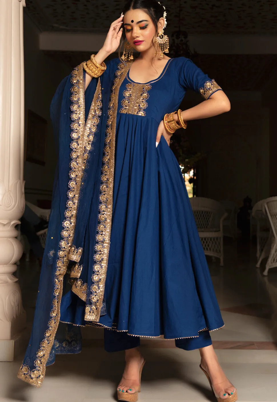 Embroidered Cotton Anarkali Suit in Navy Blue