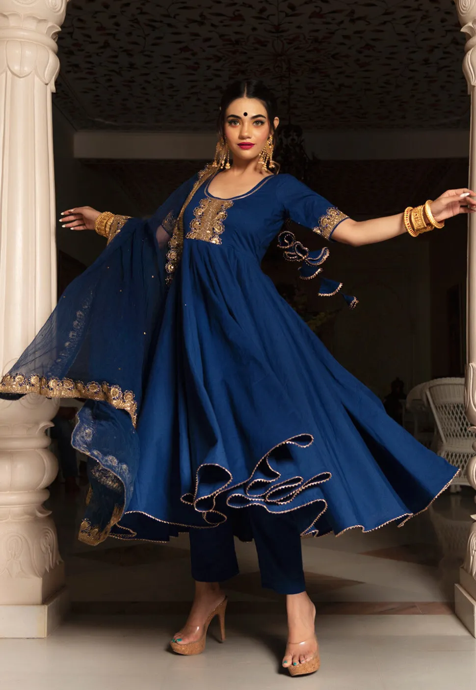 Embroidered Cotton Anarkali Suit in Navy Blue