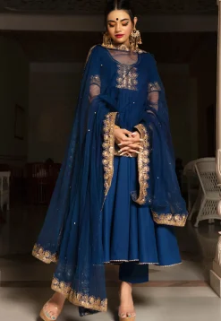 Embroidered Cotton Anarkali Suit in Navy Blue
