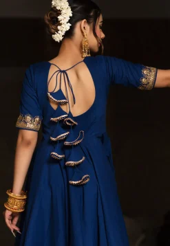 Embroidered Cotton Anarkali Suit in Navy Blue
