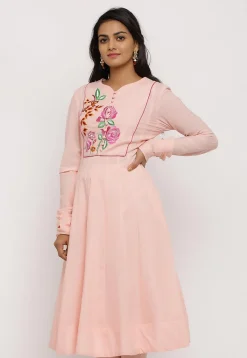 Embroidered Cotton Anarkali Kurta in Light Pink