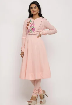 Embroidered Cotton Anarkali Kurta in Light Pink