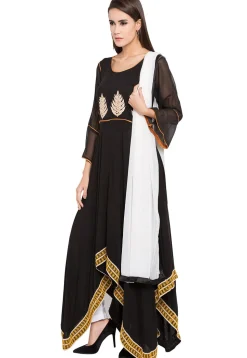 Embroidered Cotton Asymmetic Suit in Black
