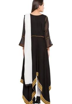 Embroidered Cotton Asymmetic Suit in Black