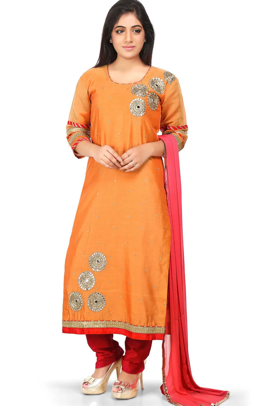 Embroidered Cotton Chanderi Pakistani Suit in Orange