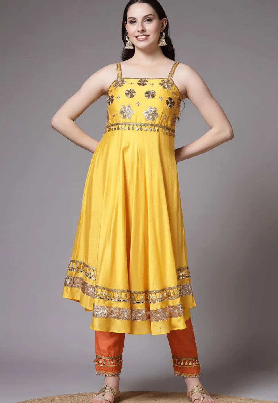 Embroidered Cotton Chanderi Aline Suit in Yellow