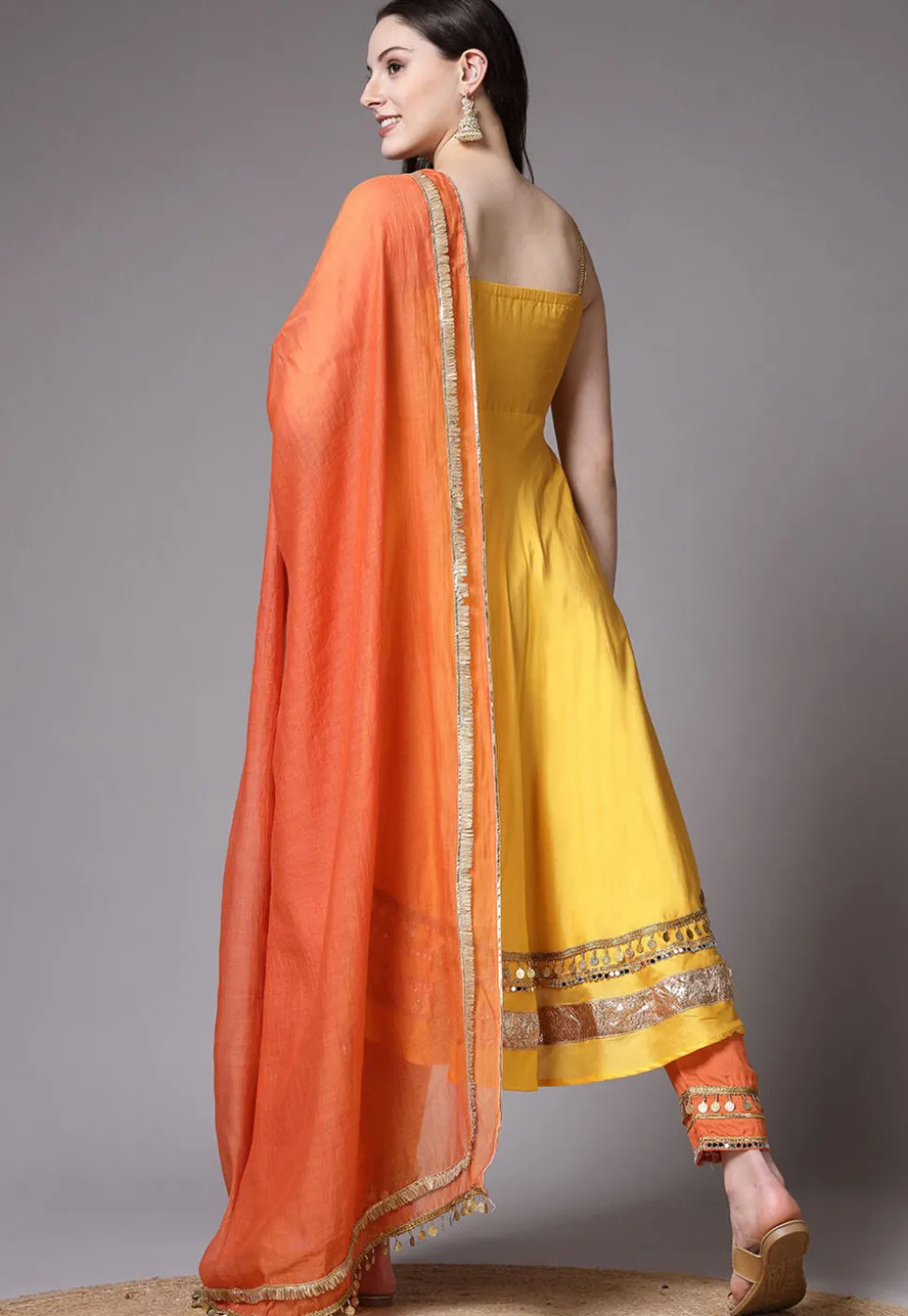 Embroidered Cotton Chanderi Aline Suit in Yellow