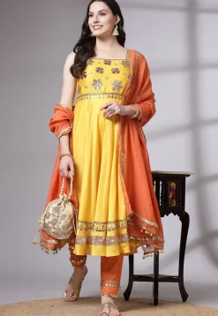 Embroidered Cotton Chanderi Aline Suit in Yellow