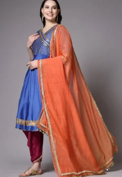 Embroidered Cotton Chanderi Punjabi Suit in Blue