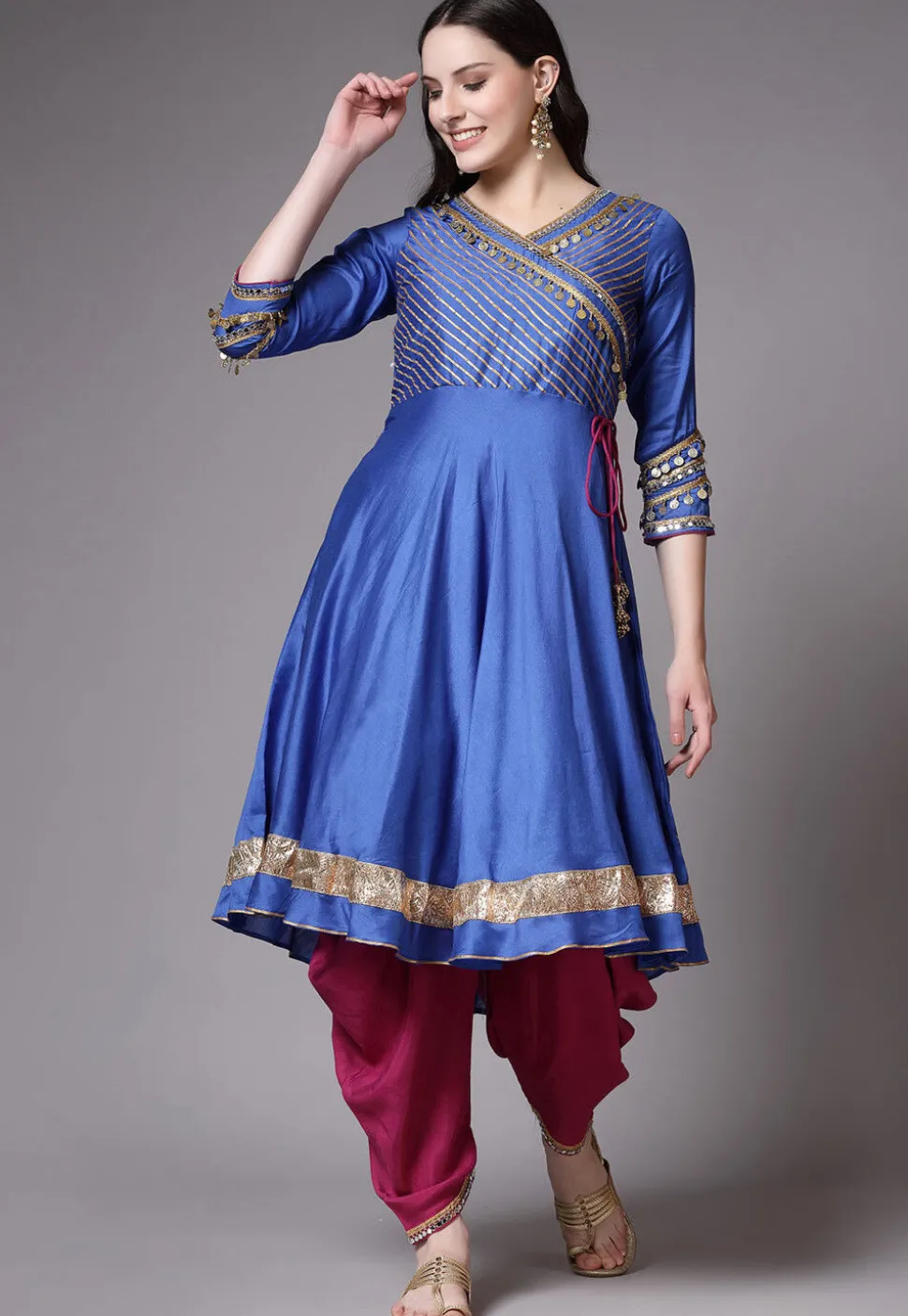 Embroidered Cotton Chanderi Punjabi Suit in Blue