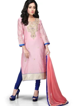 Embroidered Cotton Chanderi Straight Cut Suit in Baby Pink