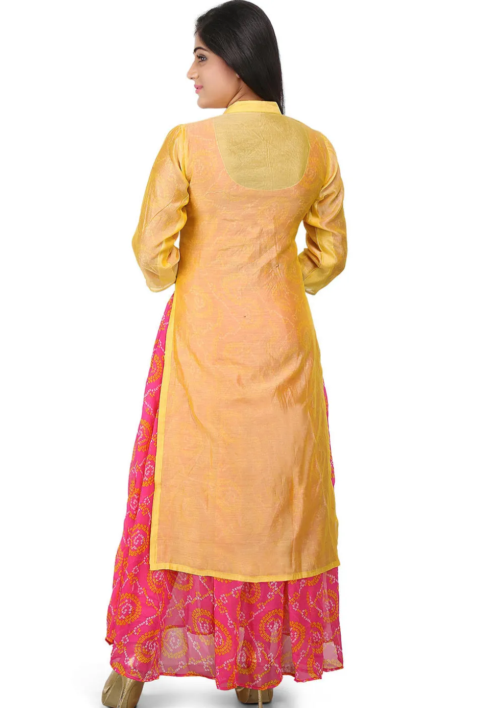 Embroidered Cotton Chanderi Abaya Suit in Yellow and Fuchsia