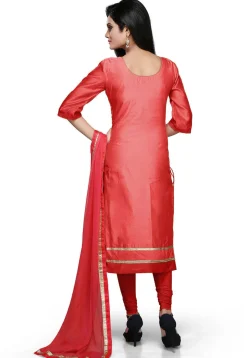 Embroidered Cotton Chanderi Straight Suit in Coral