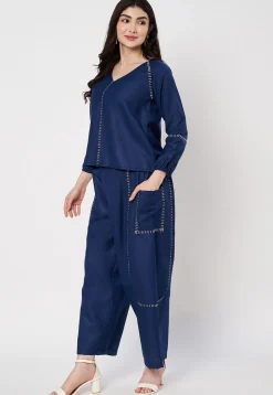 Embroidered Cotton Co Ord Set in Navy Blue