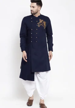 Embroidered Cotton Dhoti Kurta in Navy Blue