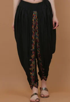Embroidered Cotton Dhoti Pant in Black