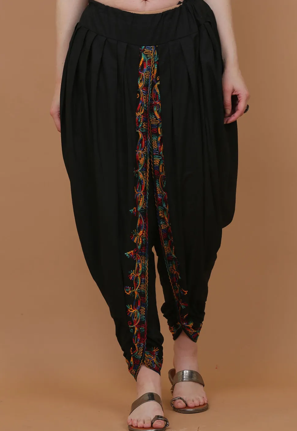 Embroidered Cotton Dhoti Pant in Black