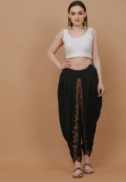 Embroidered Cotton Dhoti Pant in Black