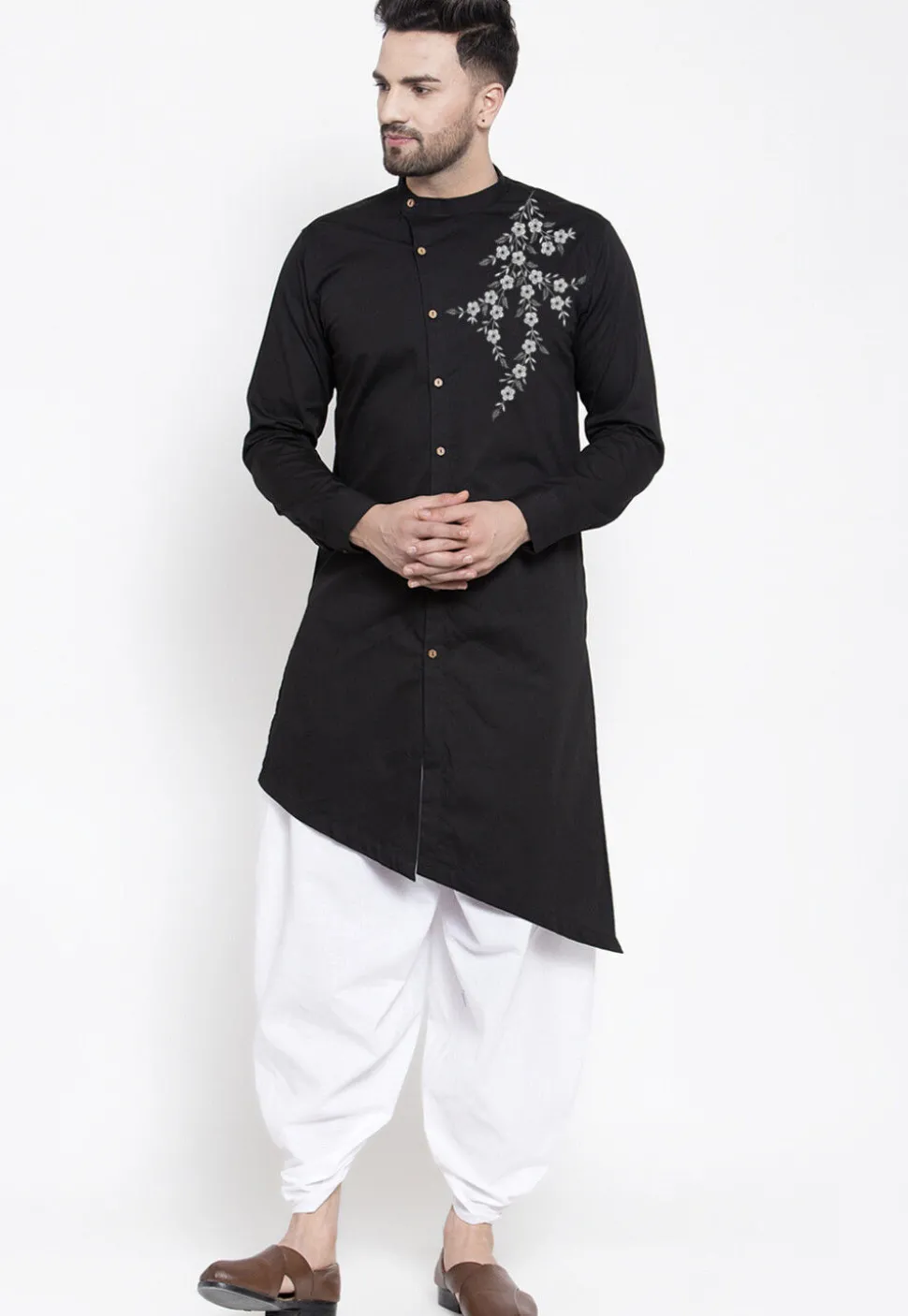 Embroidered Cotton Dhoti Kurta in Black