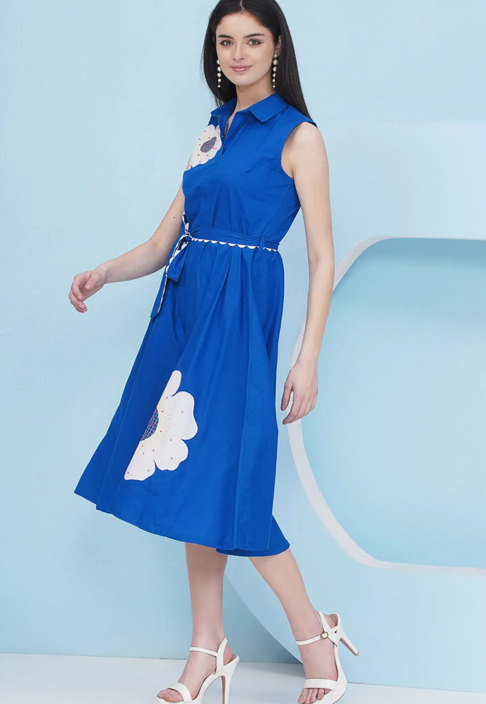 Embroidered Cotton Fit N Flare Dress in Blue