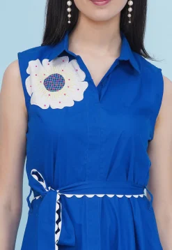 Embroidered Cotton Fit N Flare Dress in Blue