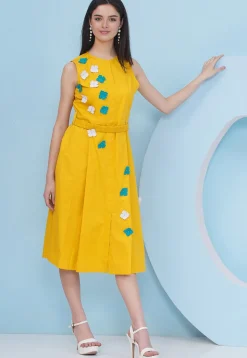 Embroidered Cotton Fit N Flare Dress in Mustard