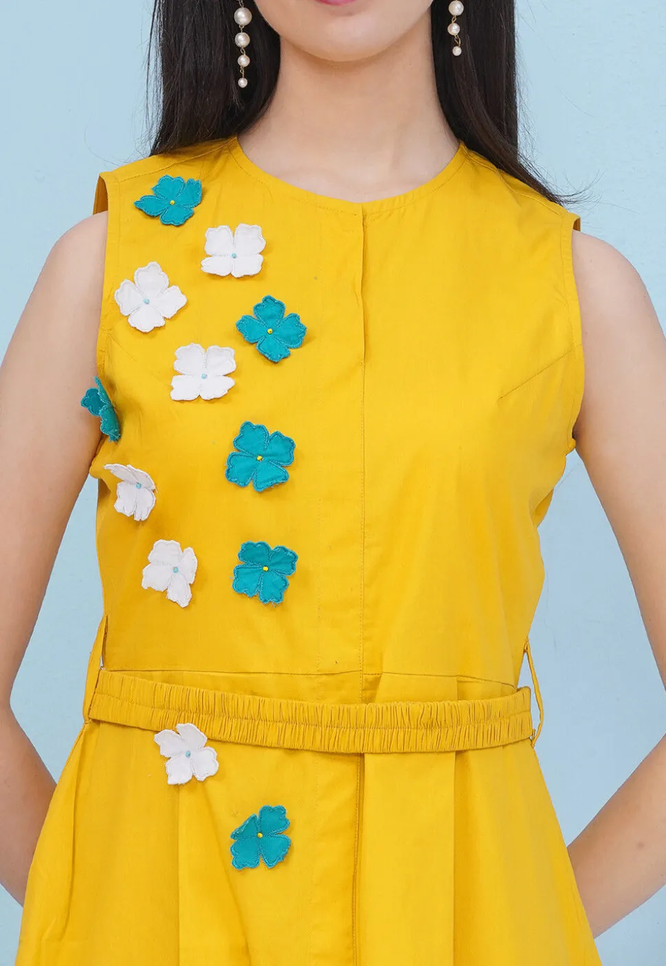 Embroidered Cotton Fit N Flare Dress in Mustard