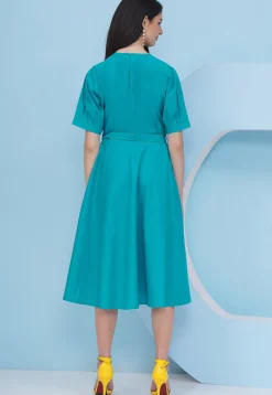 Embroidered Cotton Fit N Flare Dress in Teal Blue