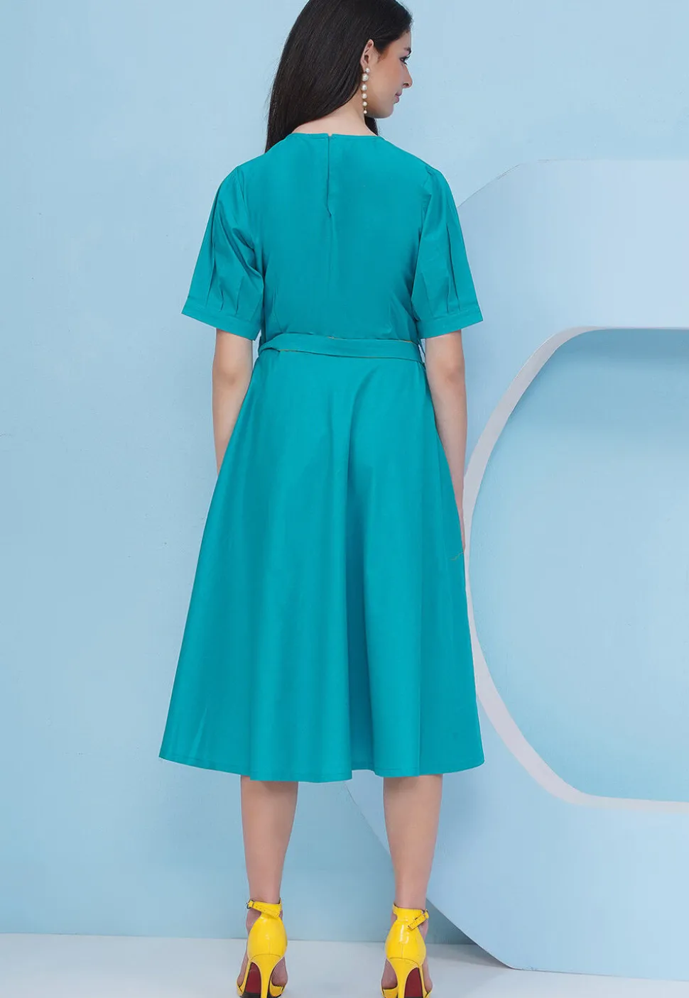 Embroidered Cotton Fit N Flare Dress in Teal Blue