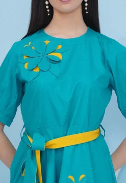 Embroidered Cotton Fit N Flare Dress in Teal Blue