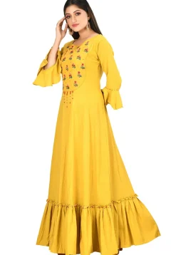 Embroidered Cotton Flex Ruffled Hemline Gown in Yellow