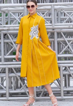 Embroidered Cotton High Low Dress in Dark Mustard