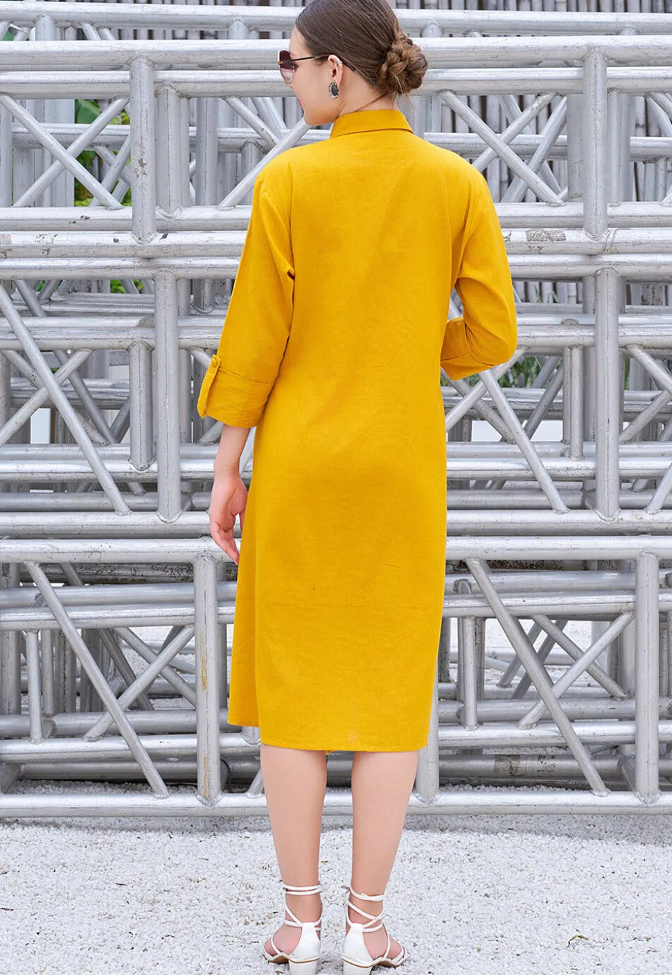 Embroidered Cotton High Low Dress in Dark Mustard