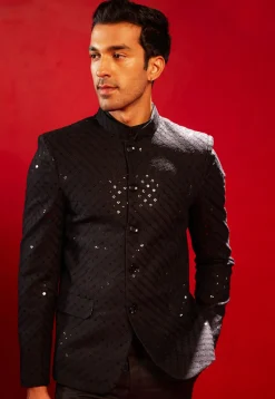 Embroidered Cotton Jodhpuri Jacket in Black