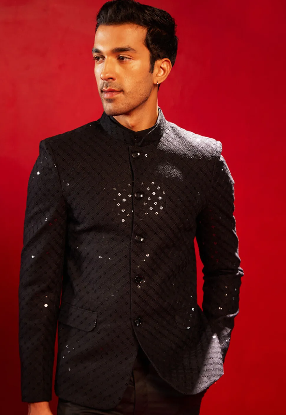 Embroidered Cotton Jodhpuri Jacket in Black