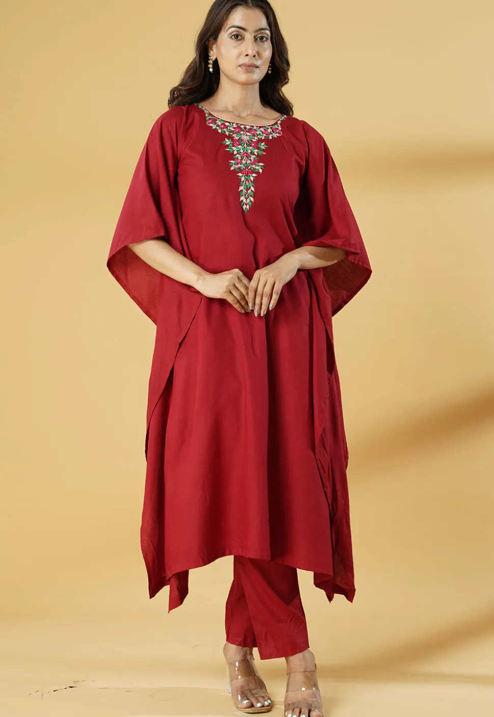 Embroidered Cotton Kaftan Set in Maroon