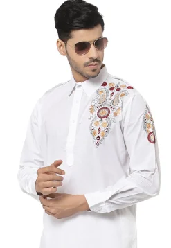 Embroidered Cotton Kurta Set in White