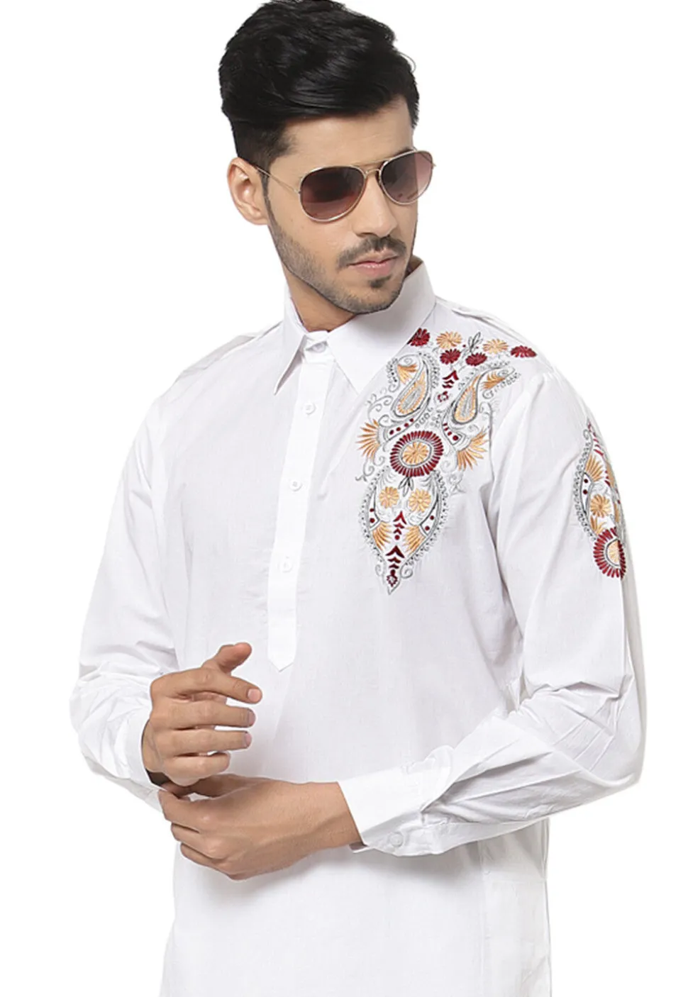 Embroidered Cotton Kurta Set in White