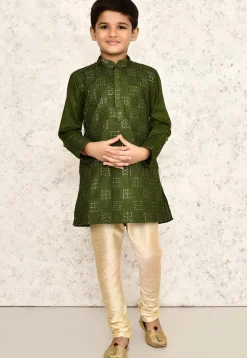 Embroidered Cotton Kurta Set in Olive Green