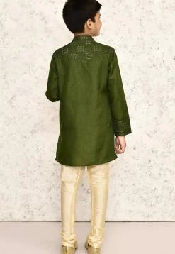 Embroidered Cotton Kurta Set in Olive Green