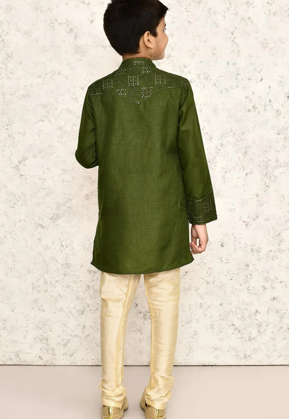 Embroidered Cotton Kurta Set in Olive Green