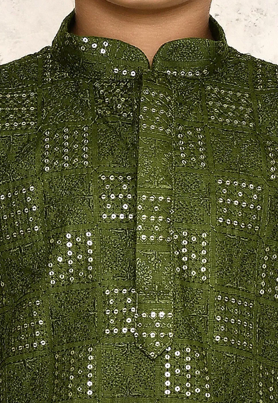 Embroidered Cotton Kurta Set in Olive Green