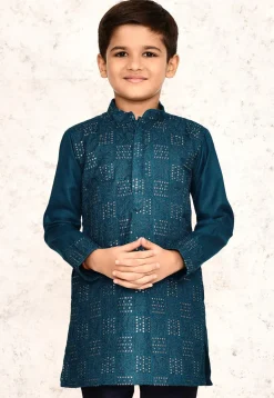Embroidered Cotton Kurta in Teal Blue