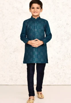 Embroidered Cotton Kurta in Teal Blue